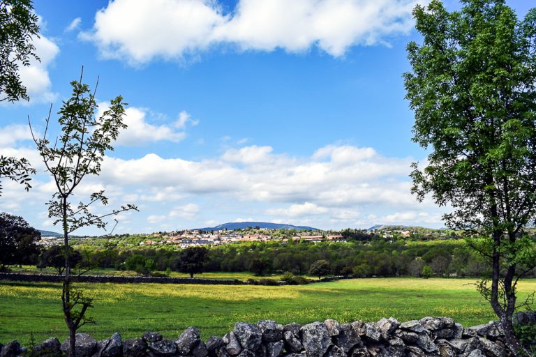 Un extenso campo verde delimitado por un muro de piedra en primer plano, con un cinturón de árboles y un pueblo en la distancia bajo un cielo azul con nubes.