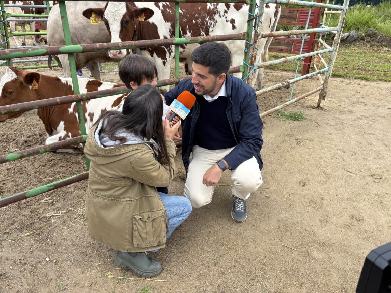 El alcalde Sergio Yunquera, agachado dentro de un corral, es entrevistado con un micrófono mientras unas vacas observan al fondo.